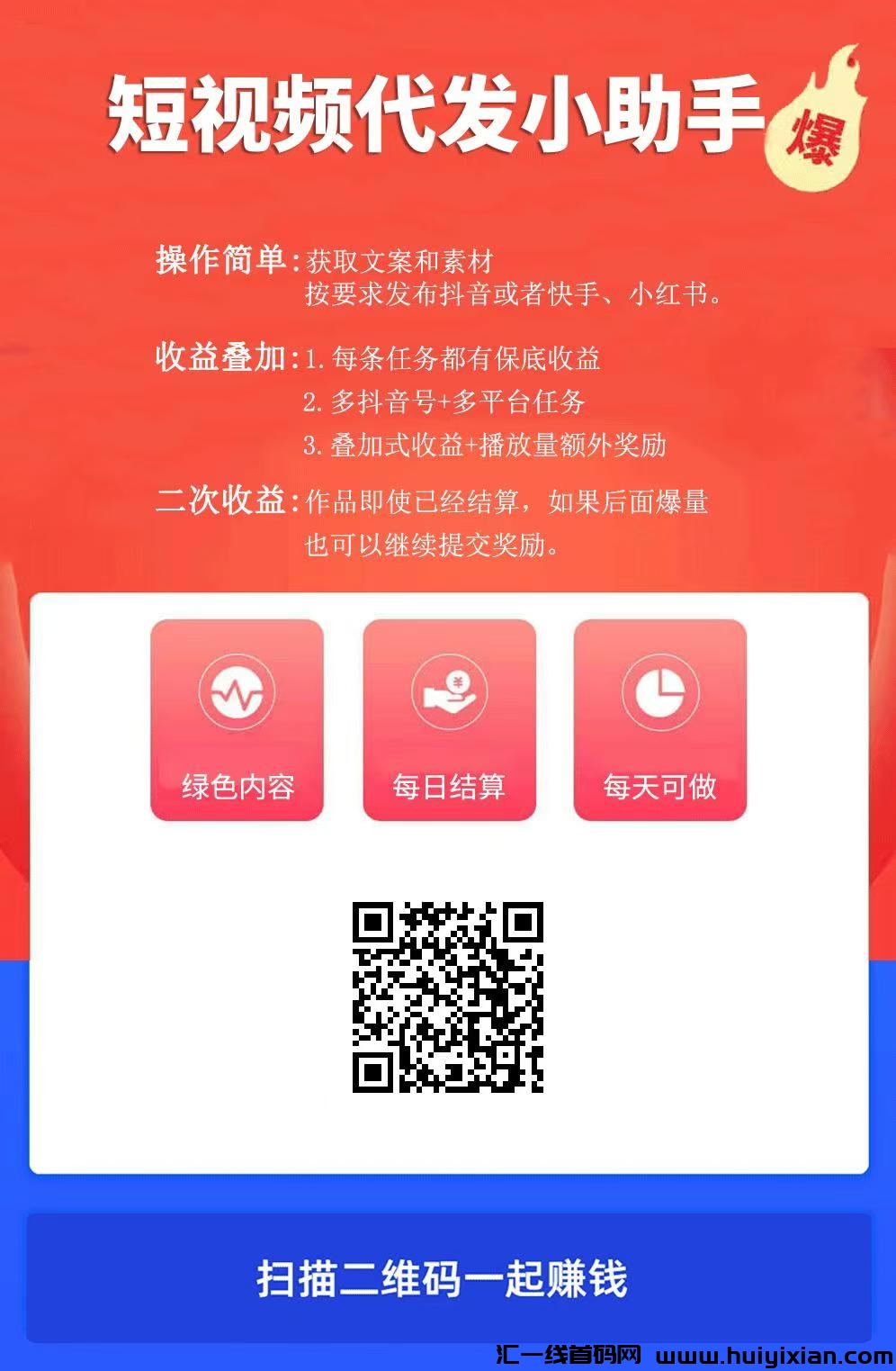 快推邦零撸首码DY发视頻，保底，每天3 -5个绿色内容-汇一线首码网