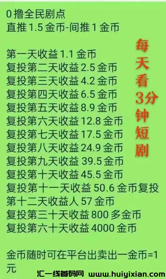 全民剧点，引流、赚米两不误，每天看三分钟短剧，产出即卖，每天0撸50+-汇一线首码网